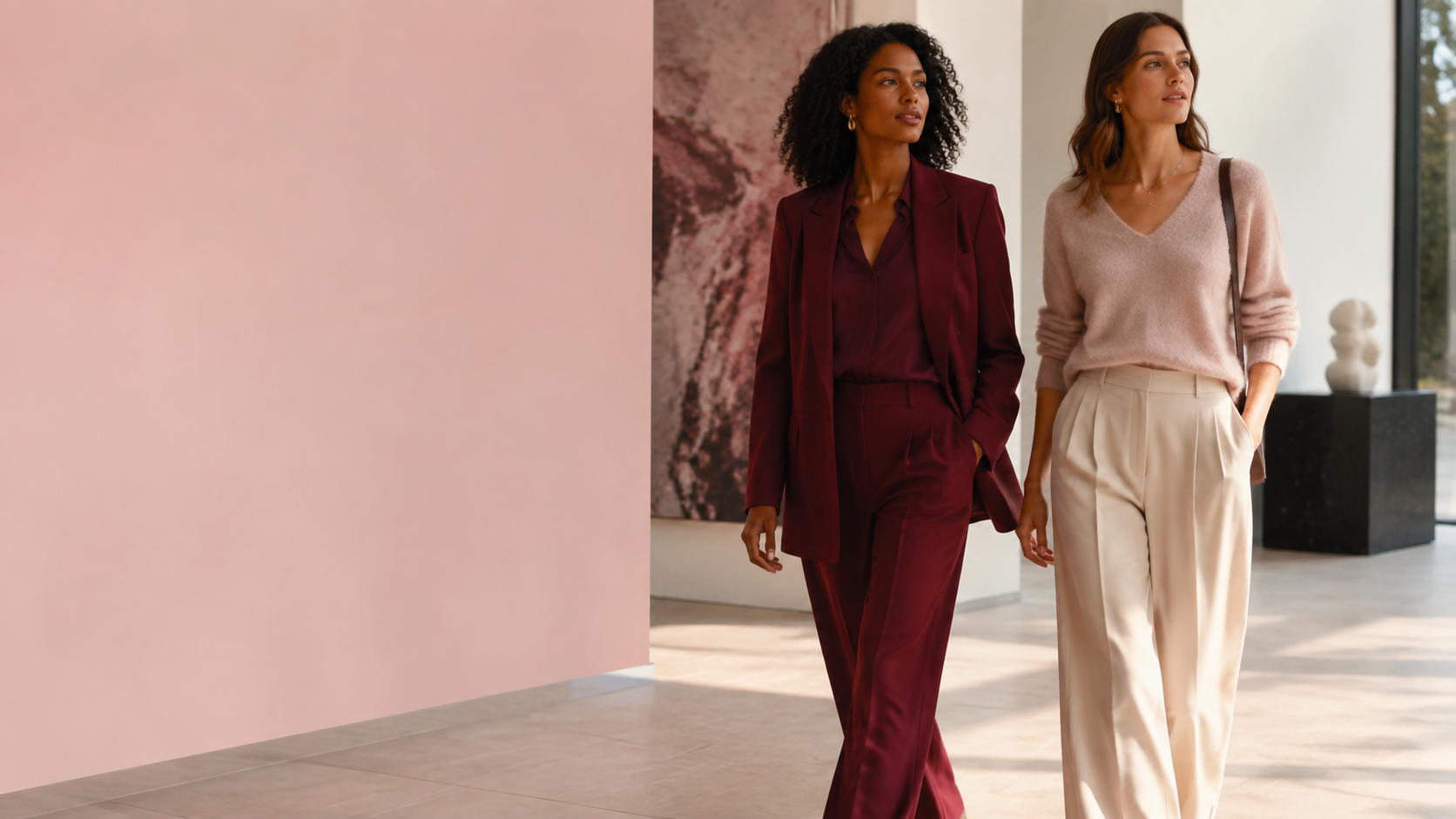 Two women wearing contemporary autumn tailoring